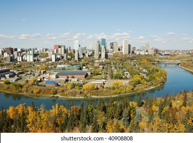 Autumn View Of The North Saskatchewan River Valley And Downtown In City Edmonton, Alberta, Canada