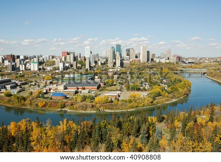 Autumn view of the north saskatchewan river valley and downtown in city edmonton, alberta, canada