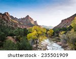 autumn view of the watchman tower and the virgin river in Zion National Park