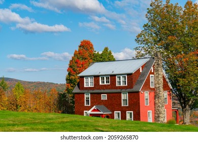 Autumn Village House In New England Town With Bright Color In Sunny Day