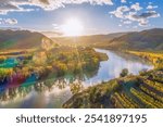 Autumn Wachau valley (UNESCO) during autumn sunset with Danube river near the Durnstein village in Lower Austria, Austria