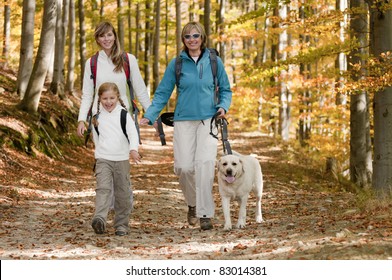 Autumn Walking In Forest - Family With Dog On Trek