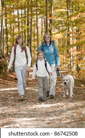 Autumn Walking In Forest - Family With Dog On Trek