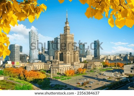 Autumn in Warsaw, top view of the Palace of Culture in Poland
