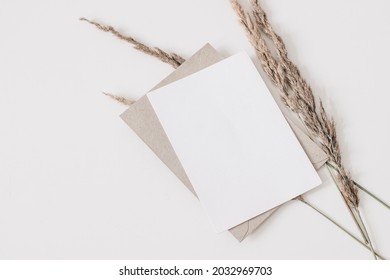 Autumn Wedding, Birthday Stationery Composition. Blank Greeting Card, Invitation Mockup, Craft Envelope. Dry Grass, Festuca Plant Isolated On White Table Background. Fall Flat Lay, Top View. Copyspace