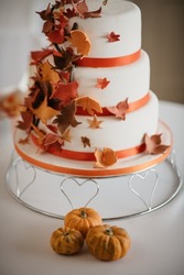 Autumn Wedding Cake Covered In Sweet Fall Coloured Leaves