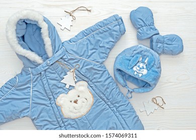 Autumn Or Winter Fashion Outfit. Baby Boy Blue Set Of Clothing On The White Background.