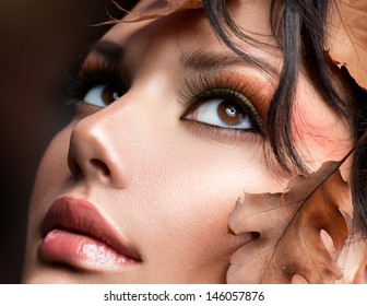 Autumn Woman Make Up. Fall. Beautiful Stylish Girl With Professional Makeup 