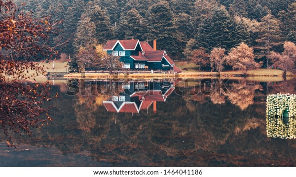 autumn wooden lake house inside forest stock photo edit now 1464041186