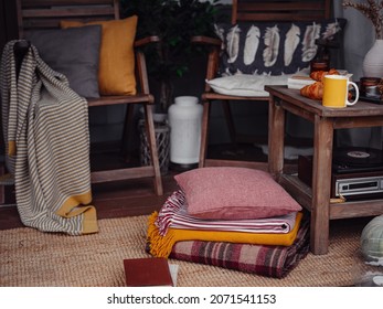 Autumn Wooden Porch Or Patio, Family Heirlooms, With Pumpkins And Cozy Blankets. Thanksgiving Landscaping Decor.