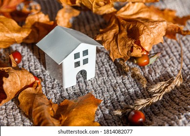 Autumnal Background. Toy House And Dried Orange Fall Maple Leaves On Grey Knitted Sweater. Thanksgiving Banner Copy Space. Hygge Mood Cold Weather Concept. Hello Autumn With Family.