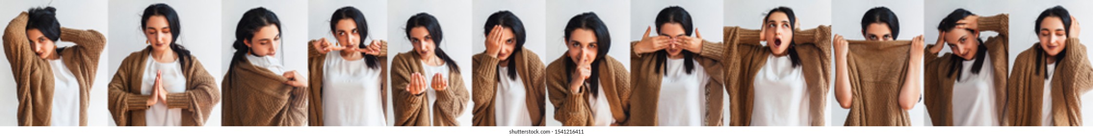 Autumnal collage of cute woman in a white warming sweater with different facial expressions. Collection of beautiful female portraits making different emotions against a white background - Shutterstock ID 1541216411