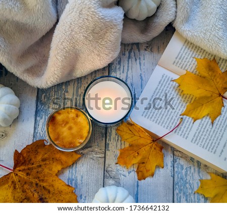 Autumnal composition on blue wooden surface with lighted candle, open book, blanket, white faux pumpkins and yellow maple leaves. Top view, from above, flat lay. Relaxing at home and hygge concept. 