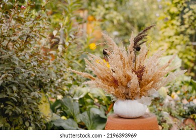 Autumnal Flower Arrangement Made Of Dried Flowers In White Painted Pumpkin Flowerpot. DIY Autumn Garden Decoration For Thanksgiving Day.