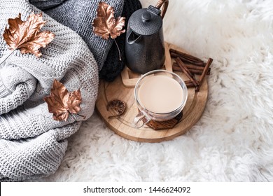 Autumn-winter Cozy Home Still Life With A Cup Of Hot Drink. The View From The Top. The Concept Of Home Atmosphere And Decor. Autumn - Winter Theme