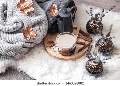 Autumn-winter Cozy Home Still Life With A Cup Of Hot Drink. The View From The Top. The Concept Of Home Atmosphere And Decor. Autumn - Winter Theme