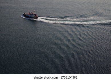Auxiliary vessels of technical services. Pilot boat on the background of the water surface of the Persian Gulf. - Shutterstock ID 1736104391
