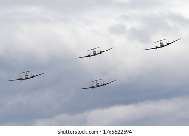 Avalon, Australia - February 28, 2015: Royal Australian Air Force (RAAF) Beechcraft King Air 350 Aircraft Flying In Formation.