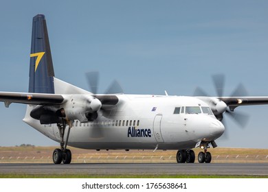 Avalon, Australia - February 28, 2015: Alliance Airlines Fokker 50 Regional Airliner Aircraft Taxiing At Avalon Airport.