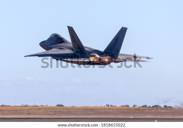 Avalon, Australia -\
March 1, 2013: United States Air Force (USAF) Lockheed Martin F-22A\
Raptor fifth-generation, single-seat, twin-engine, stealth tactical\
fighter aircraft.