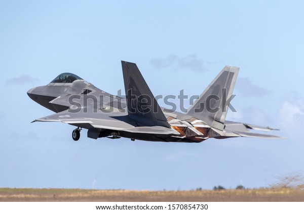 Avalon, Australia -\
March 2, 2013: United States Air Force (USAF) Lockheed Martin F-22A\
Raptor fifth-generation, single-seat, twin-engine, stealth tactical\
fighter aircraft.