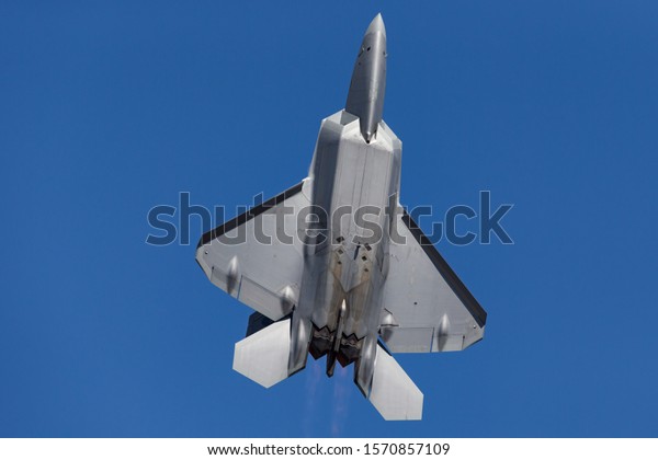 Avalon, Australia -\
March 3, 2013: United States Air Force (USAF) Lockheed Martin F-22A\
Raptor fifth-generation, single-seat, twin-engine, stealth tactical\
fighter aircraft.