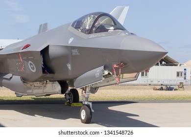 Avalon, Victoria - Feb 26 2019: Close Up Of The Nose And Cockpit Of An Australian F35 JSF Sitting On The Tarmac.