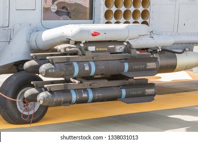 Avalon, Victoria - Feb 27 2019: Business End Of The Australian Navy Seahawk Anti-Submarine Warfare Helicopter Designated Romeo; 4 * AGM 114 Hellfire Missiles And 1 * Mk54 Torpedo At Avalon Airshow.