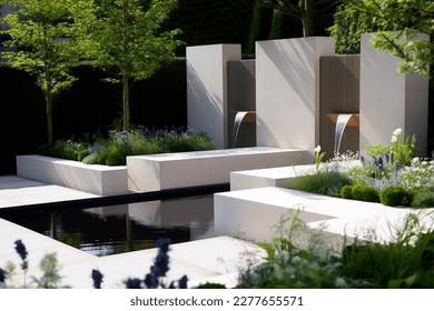 Avant-garde Garden Design with Geometry, Lush Vegetation and Stylized Water Fountain in Perfect Harmony - Shutterstock ID 2277655571