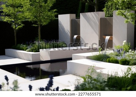 Avant-garde Garden Design with Geometry, Lush Vegetation and Stylized Water Fountain in Perfect Harmony