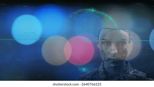 Avatar face showing holographic data in virtual space, with particle sphere and waveform line. Futuristic, digital, hologram, technology, innovation, abstract, cyber