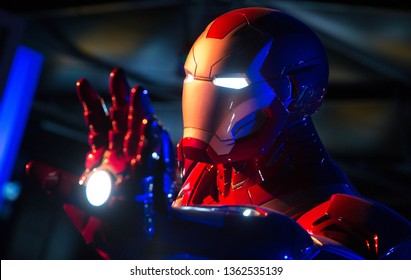 AVENGERS STATION, LONDON - FEBRUARY 2019: An Ironman Costume On Display At Avengers S.T.A.T.I.O.N. In The Lead Up To The Movie Avengers Endgame.