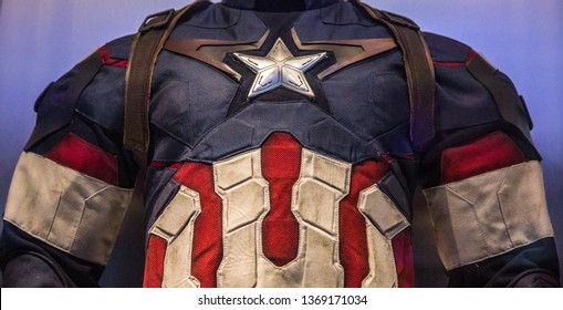 AVENGERS STATION, LONDON - FEBRUARY 2019: Captain America, played by actor Chris Evans, costume and helmet on display at Avengers S.T.A.T.I.O.N. in the lead up to the movie Avengers Endgame.