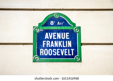 Avenue Franklin Roosevelt Street Sign In Paris, France