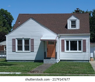 Average American House, White Clapboard With Gable And Front Lawn