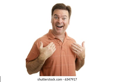 Average Guy Looking Very Excited And Surprised As Though He Has Just Won Something.  Isolated On White.