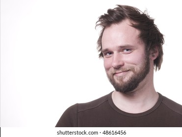 Average Joe Smiling With Copy Space. Isolated On White.