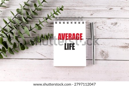 Average life concept with notebook, pen and green leaves on wooden background, representing lifespan measurement.