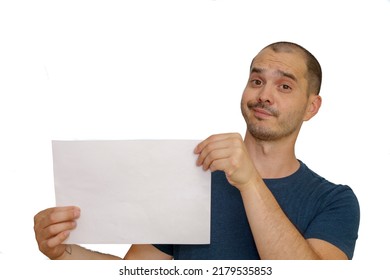 Average Looking White Short Haired Man Posing With A Blank Sheet Of Paper , Isolated Background