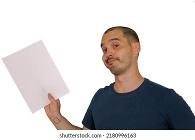 Average Looking White Short Haired Man Posing With A Blank Sheet Of Paper , Isolated Background