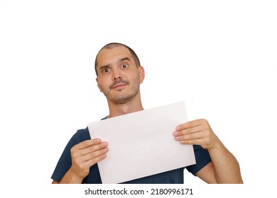 Average Looking White Short Haired Man Posing With A Blank Sheet Of Paper , Isolated Background