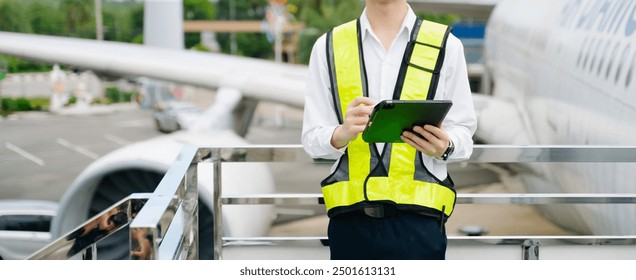 Aviation engineer inspects airplane for safety compliance. Professional aerospace technician at work in airport maintenance - Powered by Shutterstock