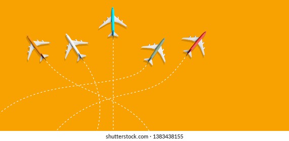 Aviation Industry With Group Of Airplane Flying On Different Route.Traffic Management Control.Business Industry Transportation