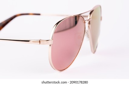 Aviator Sunglasses Gold Frame With Multicolor Green Mirror Lens Isolated On White Background With Clipping Path. Glasses