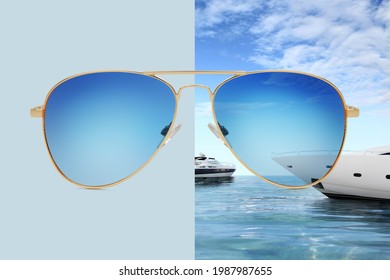 aviator sunglasses isolated on blue and summer background with boats on the sea and blue sky, concept of polarized protective lenses - Powered by Shutterstock