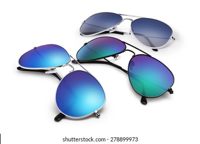 Aviator Sunglasses Isolated On White Background With Blue Mirrored Lenses