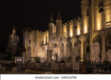Avignon pope palace in the night, France