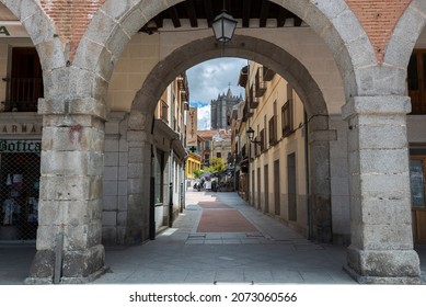 AVILA, SPAIN – JUNE 20, 2021: Views of the Mercado Chico Square, a famous place in the city of Avila