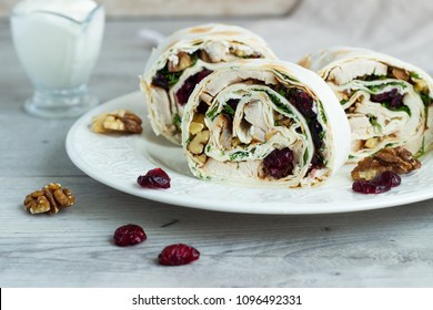 Avocado And Chicken Salad Roll Sandwich. Roll Sandwich With Chicken, Avocado, Dried Cranberries And Walnuts. Thin Armenian Pita Bread Or Lavash. Snack.