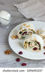 Avocado And Chicken Salad Roll Sandwich. Roll Sandwich With Chicken, Avocado, Dried Cranberries And Walnuts. Thin Armenian Pita Bread Or Lavash. Snack.